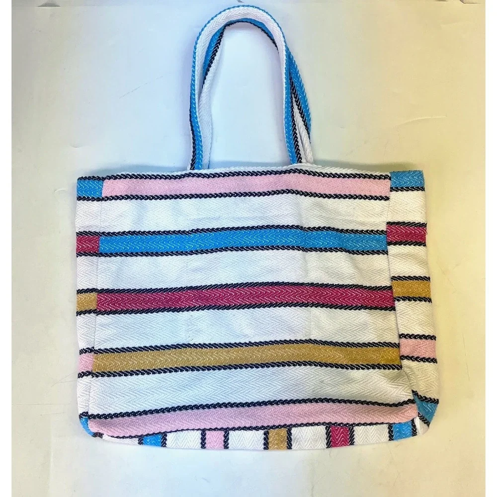 Senor Lopez Woven Striped Tote Bag White Blue Pink Cotton Blend Made in Mexico